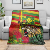 Hawaiian Reggae Blanket Kakau Art Motifs with Ohia Lehua and Rastafari Lion LT03 - Polynesian Pride