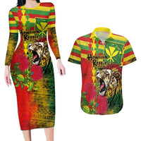 Hawaiian Reggae Couples Matching Long Sleeve Bodycon Dress and Hawaiian Shirt Kakau Art Motifs with Ohia Lehua and Rastafari Lion LT03 Multicolor - Polynesian Pride