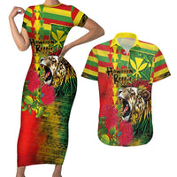 Hawaiian Reggae Couples Matching Short Sleeve Bodycon Dress and Hawaiian Shirt Kakau Art Motifs with Ohia Lehua and Rastafari Lion LT03 Multicolor - Polynesian Pride