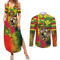 Hawaiian Reggae Couples Matching Summer Maxi Dress and Long Sleeve Button Shirt Kakau Art Motifs with Ohia Lehua and Rastafari Lion LT03 Multicolor - Polynesian Pride