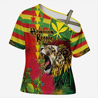 Hawaiian Reggae Cross Shoulder Shirt Kakau Art Motifs with Ohia Lehua and Rastafari Lion LT03 Female Multicolor - Polynesian Pride