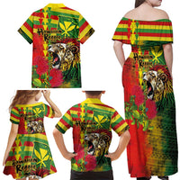 Hawaiian Reggae Family Matching Off Shoulder Maxi Dress and Hawaiian Shirt Kakau Art Motifs with Ohia Lehua and Rastafari Lion LT03 - Polynesian Pride