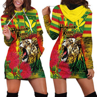 Hawaiian Reggae Hoodie Dress Kakau Art Motifs with Ohia Lehua and Rastafari Lion LT03 - Polynesian Pride