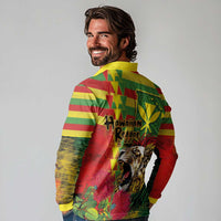 Hawaiian Reggae Long Sleeve Polo Shirt Kakau Art Motifs with Ohia Lehua and Rastafari Lion LT03 - Polynesian Pride
