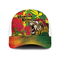 Hawaiian Reggae Mesh Trucker Cap Kakau Art Motifs with Ohia Lehua and Rastafari Lion LT03 One Size White Multicolor - Polynesian Pride