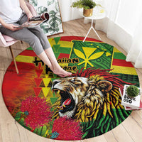 Hawaiian Reggae Round Carpet Kakau Art Motifs with Ohia Lehua and Rastafari Lion LT03 - Polynesian Pride
