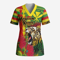 Hawaiian Reggae Scrub Top Kakau Art Motifs with Ohia Lehua and Rastafari Lion LT03 Adult Multicolor - Polynesian Pride