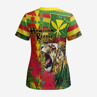 Hawaiian Reggae Scrub Top Kakau Art Motifs with Ohia Lehua and Rastafari Lion LT03 - Polynesian Pride