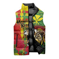 Hawaiian Reggae Sleeveless Puffer Jacket Kakau Art Motifs with Ohia Lehua and Rastafari Lion LT03 - Polynesian Pride