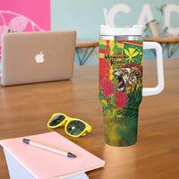 Hawaiian Reggae Tumbler With Handle Kakau Art Motifs with Ohia Lehua and Rastafari Lion LT03 - Polynesian Pride