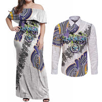 Traditional Art Hawaiian Kakau Tattoos Couples Matching Off Shoulder Maxi Dress and Long Sleeve Button Shirt Graffiti Style LT03 White - Polynesian Pride