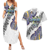 Traditional Art Hawaiian Kakau Tattoos Couples Matching Summer Maxi Dress and Hawaiian Shirt Graffiti Style LT03 White - Polynesian Pride