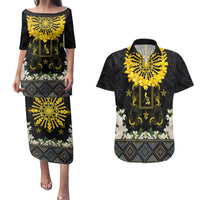 Flores de Mayo and Filipino Fiesta Couples Matching Puletasi and Hawaiian Shirt The Sun-Jasmine and Polynesian Yakan Tattoo Barong Style LT03 Black - Polynesian Pride