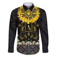 Flores de Mayo and Filipino Fiesta Family Matching Off The Shoulder Long Sleeve Dress and Hawaiian Shirt The Sun-Jasmine and Polynesian Yakan Tattoo Barong Style LT03 Dad's Shirt - Long Sleeve Black - Polynesian Pride