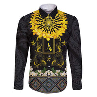 Flores de Mayo and Filipino Fiesta Family Matching Off Shoulder Maxi Dress and Hawaiian Shirt The Sun-Jasmine and Polynesian Yakan Tattoo Barong Style LT03 Dad's Shirt - Long Sleeve Black - Polynesian Pride