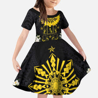 Flores de Mayo and Filipino Fiesta Kid Short Sleeve Dress The Sun-Jasmine and Polynesian Yakan Tattoo Barong Style LT03 KID Black - Polynesian Pride