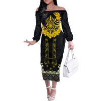 Flores de Mayo and Filipino Fiesta Off The Shoulder Long Sleeve Dress The Sun-Jasmine and Polynesian Yakan Tattoo Barong Style LT03 Women Black - Polynesian Pride