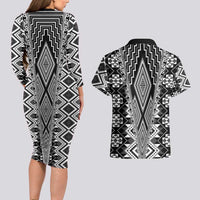 Aotearoa Tukutuku and Poutama Motif Classic Couples Matching Long Sleeve Bodycon Dress and Hawaiian Shirt LT03 - Polynesian Pride