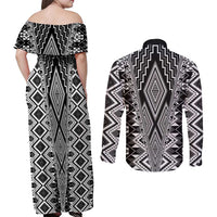 Aotearoa Tukutuku and Poutama Motif Classic Couples Matching Off Shoulder Maxi Dress and Long Sleeve Button Shirt LT03 - Polynesian Pride