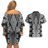 Aotearoa Tukutuku and Poutama Motif Classic Couples Matching Off Shoulder Short Dress and Hawaiian Shirt LT03 - Polynesian Pride