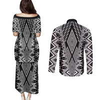 Aotearoa Tukutuku and Poutama Motif Classic Couples Matching Puletasi and Long Sleeve Button Shirt
