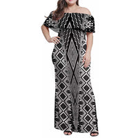 Aotearoa Tukutuku and Poutama Motif Classic Family Matching Off Shoulder Maxi Dress and Hawaiian Shirt LT03 Mom's Dress Gray - Polynesian Pride
