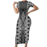 Aotearoa Tukutuku and Poutama Motif Classic Family Matching Short Sleeve Bodycon Dress and Hawaiian Shirt LT03 Mom's Dress Gray - Polynesian Pride