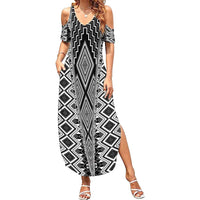 Aotearoa Tukutuku and Poutama Motif Classic Family Matching Summer Maxi Dress and Hawaiian Shirt LT03 Mom's Dress Gray - Polynesian Pride