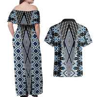 Blue Aotearoa Tukutuku and Poutama Motif Couples Matching Off Shoulder Maxi Dress and Hawaiian Shirt LT03 - Polynesian Pride