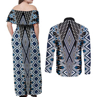 Blue Aotearoa Tukutuku and Poutama Motif Couples Matching Off Shoulder Maxi Dress and Long Sleeve Button Shirt LT03 - Polynesian Pride