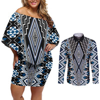 Blue Aotearoa Tukutuku and Poutama Motif Couples Matching Off Shoulder Short Dress and Long Sleeve Button Shirt LT03 Blue - Polynesian Pride