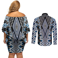 Blue Aotearoa Tukutuku and Poutama Motif Couples Matching Off Shoulder Short Dress and Long Sleeve Button Shirt LT03 - Polynesian Pride