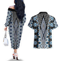 Blue Aotearoa Tukutuku and Poutama Motif Couples Matching Off The Shoulder Long Sleeve Dress and Hawaiian Shirt LT03 - Polynesian Pride