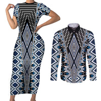 Blue Aotearoa Tukutuku and Poutama Motif Couples Matching Short Sleeve Bodycon Dress and Long Sleeve Button Shirt LT03 Blue - Polynesian Pride