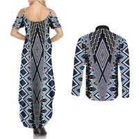 Blue Aotearoa Tukutuku and Poutama Motif Couples Matching Summer Maxi Dress and Long Sleeve Button Shirt LT03 - Polynesian Pride