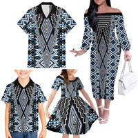 Blue Aotearoa Tukutuku and Poutama Motif Family Matching Off The Shoulder Long Sleeve Dress and Hawaiian Shirt LT03 - Polynesian Pride