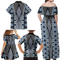 Blue Aotearoa Tukutuku and Poutama Motif Family Matching Off Shoulder Maxi Dress and Hawaiian Shirt LT03 - Polynesian Pride