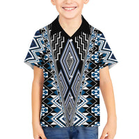 Blue Aotearoa Tukutuku and Poutama Motif Family Matching Short Sleeve Bodycon Dress and Hawaiian Shirt LT03 Son's Shirt Blue - Polynesian Pride