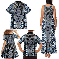 Blue Aotearoa Tukutuku and Poutama Motif Family Matching Tank Maxi Dress and Hawaiian Shirt LT03 - Polynesian Pride