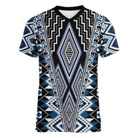 Blue Aotearoa Tukutuku and Poutama Motif Women V-Neck T-Shirt LT03 Female Blue - Polynesian Pride