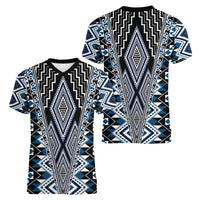 Blue Aotearoa Tukutuku and Poutama Motif Women V-Neck T-Shirt LT03 - Polynesian Pride