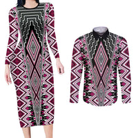 Pink Aotearoa Tukutuku and Poutama Motif Couples Matching Long Sleeve Bodycon Dress and Long Sleeve Button Shirt LT03 Pink - Polynesian Pride