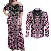 Pink Aotearoa Tukutuku and Poutama Motif Couples Matching Off Shoulder Maxi Dress and Long Sleeve Button Shirt LT03 Pink - Polynesian Pride
