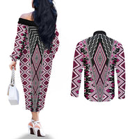 Pink Aotearoa Tukutuku and Poutama Motif Couples Matching Off The Shoulder Long Sleeve Dress and Long Sleeve Button Shirt LT03 - Polynesian Pride