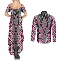 Pink Aotearoa Tukutuku and Poutama Motif Couples Matching Summer Maxi Dress and Long Sleeve Button Shirt LT03 - Polynesian Pride