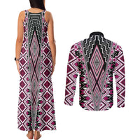 Pink Aotearoa Tukutuku and Poutama Motif Couples Matching Tank Maxi Dress and Long Sleeve Button Shirt LT03 - Polynesian Pride