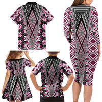 Pink Aotearoa Tukutuku and Poutama Motif Family Matching Long Sleeve Bodycon Dress and Hawaiian Shirt LT03 - Polynesian Pride