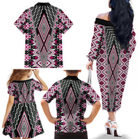Pink Aotearoa Tukutuku and Poutama Motif Family Matching Off The Shoulder Long Sleeve Dress and Hawaiian Shirt LT03 - Polynesian Pride