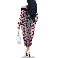 Pink Aotearoa Tukutuku and Poutama Motif Family Matching Off The Shoulder Long Sleeve Dress and Hawaiian Shirt LT03 - Polynesian Pride