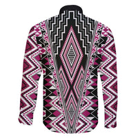 Pink Aotearoa Tukutuku and Poutama Motif Family Matching Off Shoulder Maxi Dress and Hawaiian Shirt LT03 - Polynesian Pride